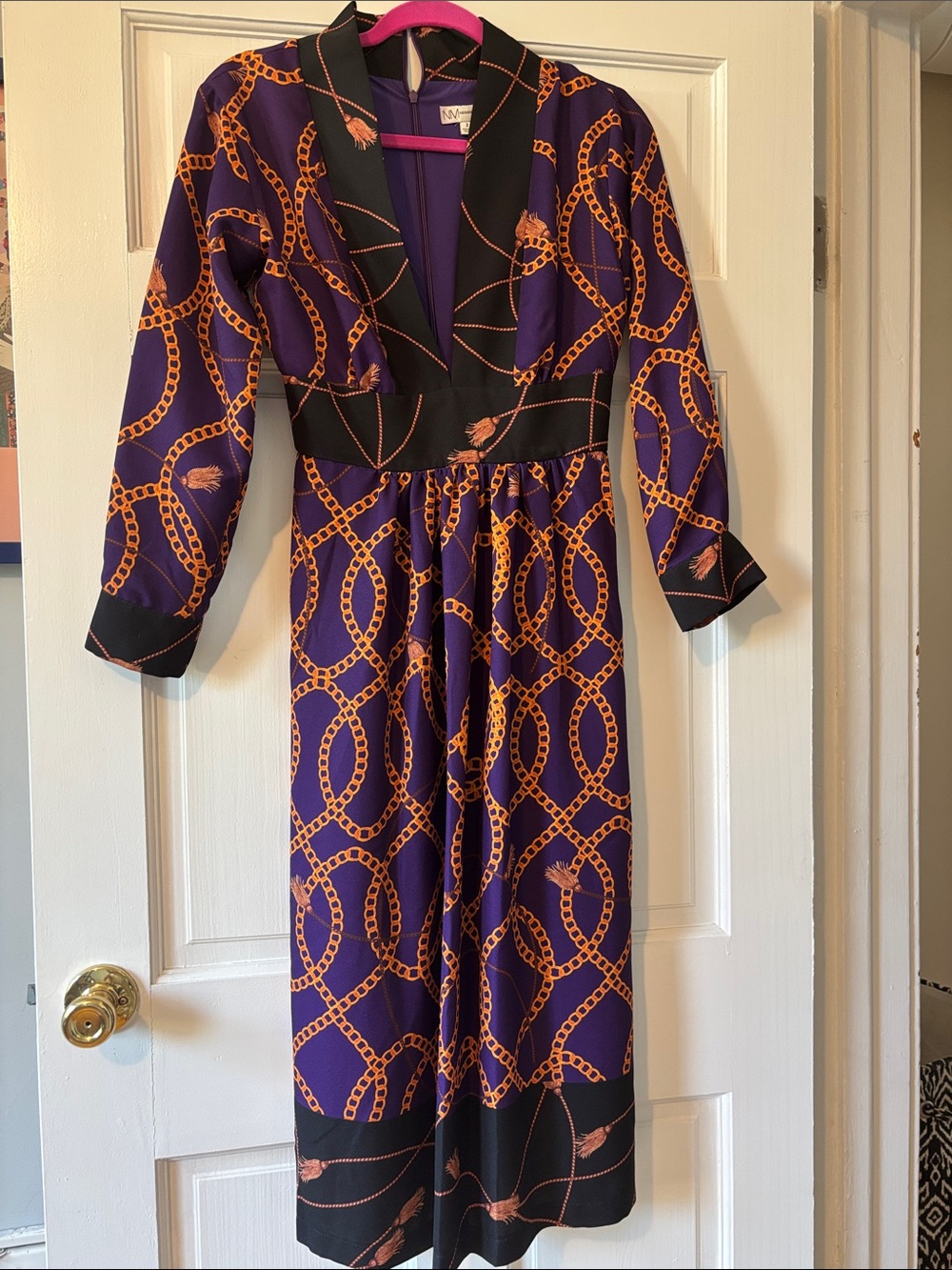 Neiman Marcus Purple Midi Dress with Gold Chain Motif